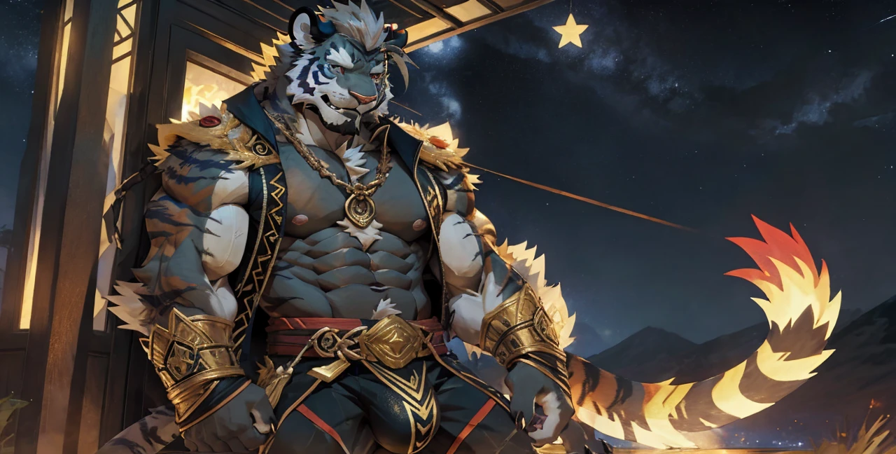 Solo, tiger, black tiger, tiger male, gray hair, white body fur, muscular male, elder male, light red eyes, wearing nothing, gray fur tuft, eastern necklace, star night background, ( by Sollyz, masterpiece, 8k, hd), Looking at viewer, smiling, detailed face, detailed eyes, detailed hair, detailed muscles, detailed clothes, Genshin, nude lower body, bulge on crotch,