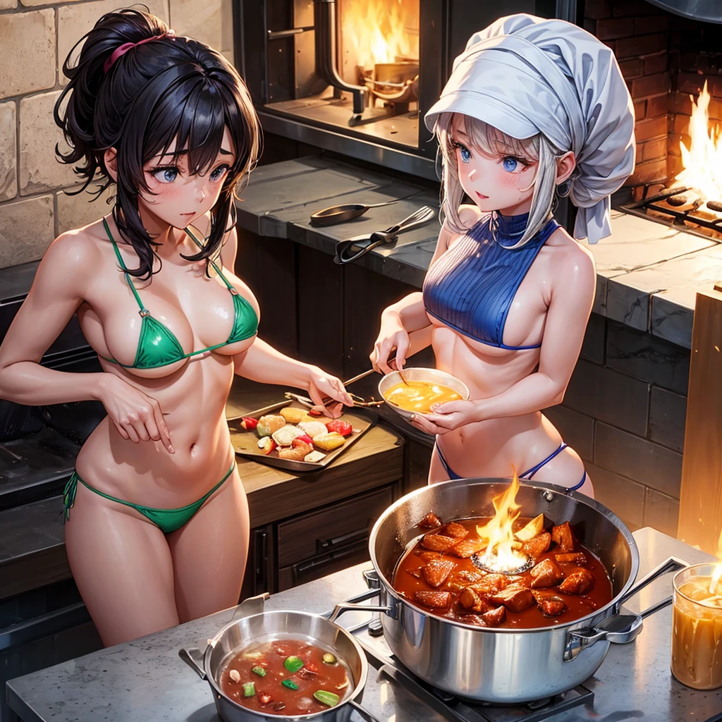 A girl in a micro bikini cooking a tandoor pot