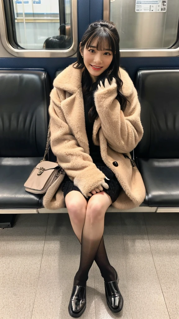 A full-body photo of a mature Japanese gal with flashy hair wearing a cute fur coat, leather shoes, and shiny, thin, short black leather gloves.,sitting cross-legged,Five fingers,Inside the train,Voyeur,Heavy makeup face eyeshadow,mascara,cross the her legs,Ultra-detailed face, open eyes,((Legs crossed)).Smelly ankle-length black socks, Ultra Mini Skirt,She looks at the photographer with an inviting expression.,School Bags,This photo was taken in daylight with soft lighting..、sitting in a subway train seat.。. This photo was taken by someone on their cell phone..、Apparently it was posted on Snapchat.。.