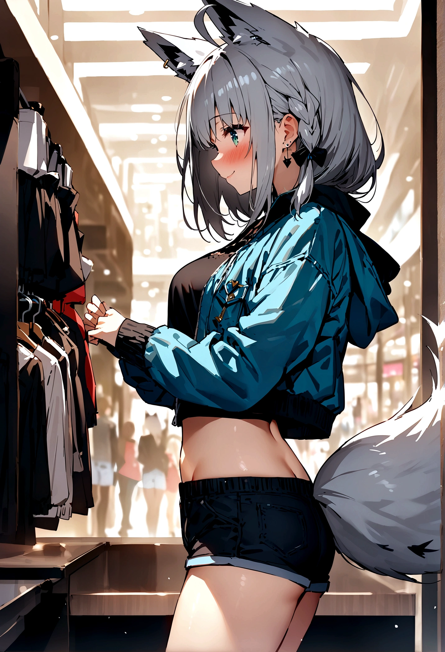 NSFW,masterpiece,Highest quality,High resolution,Super detailed,Shirakami Fubuki\(Hololive\),Gray Hair、One-sided braid、Ahoge、Earrings,Fox ears,Fox tail,Jacket,Crop top,Shorts,Embarrassed,blush,Expecting face,Seduce,smile,Shopping mall,High quality lingerie shop,Date,From the side