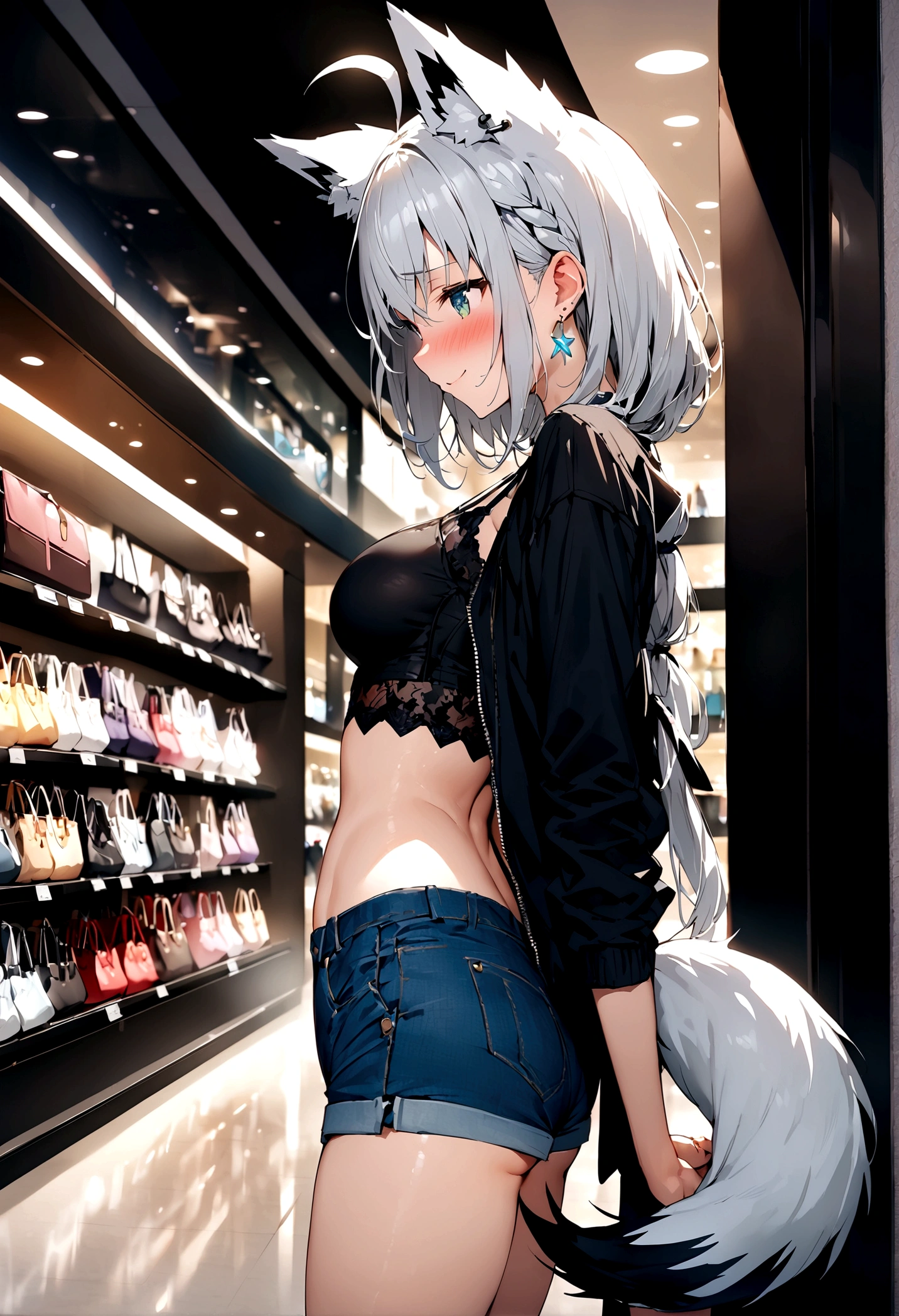 NSFW,masterpiece,Highest quality,High resolution,Super detailed,Shirakami Fubuki\(Hololive\),Gray Hair、One-sided braid、Ahoge、Earrings,Fox ears,Fox tail,Jacket,Crop top,Shorts,Embarrassed,blush,Expecting face,Seduce,smile,Shopping mall,High quality lingerie shop,Date,From the side