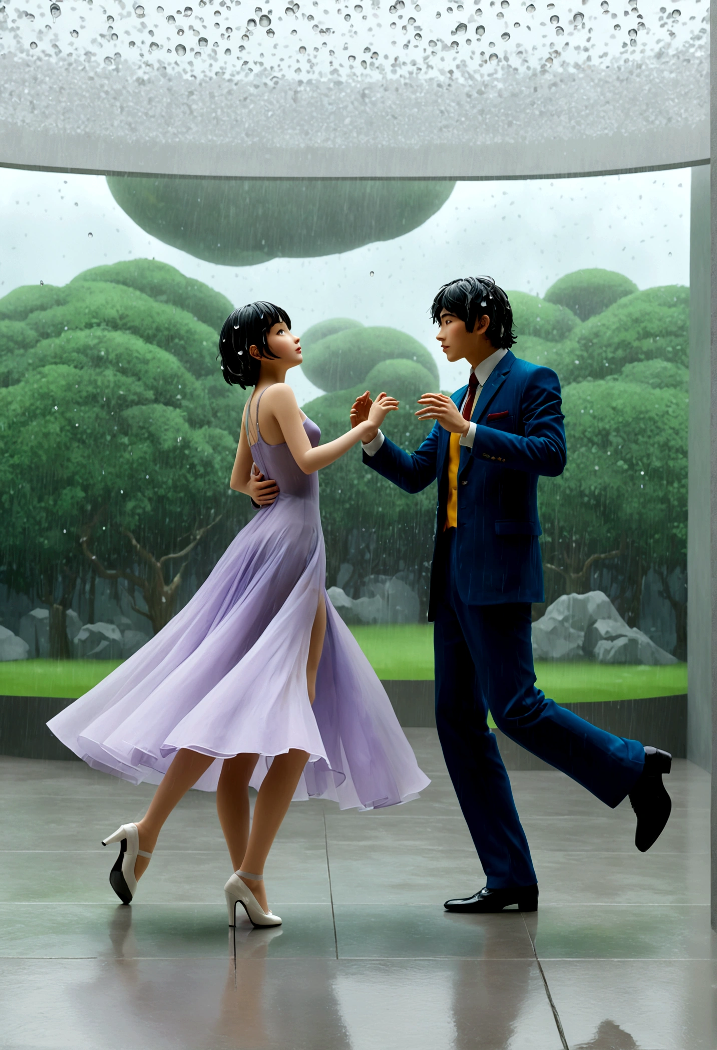 (Ghibli style, Dancing in the Rain), A couple is dancing under the transparent canopy of a modern art gallery. They are dressed in abstract art dance costumes, surrounded by huge abstract art pieces. Raindrops fall on the canopy, forming a unique music hall. The background is a modern art gallery, full body, (anime style illustration), panoramic view, award-winning, cinematic still, emotional, vignette, dynamic, vivid, (masterpiece, best quality, Professional, perfect composition, very aesthetic, absurdres, ultra-detailed, intricate details:1.3)