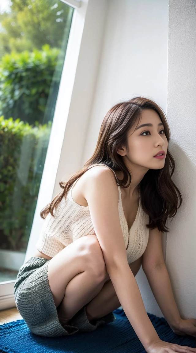 Dark brown hair、Light brown eyes、Japanese actress、 Lady、I am about 40 years old...、(Intricate details:1.2)、(Which is the top????:1.4)、 (Ultra-high resolution:1.2)、Ultra-high resolution、(Finely tuned)、(Detailed facial features)、Hmph、8K resolution、D cup breasts、Long Hair、Large windows、Extravagant space、relax、、,Full body photo、Head to toe shot、Beautiful legs、Beautiful legs、A refreshing room filled with sunlight、she, household items, (plant:0.8), Fashion Hub, Attention to detail, Very detailed, Realistic, Hourglass Shaped Body, Obscene pose,、、私 cry a lot、tears、person on the left、White wall、White floor、diagonally from below、please lift your chin、Put your butt against the wall、relaxした表情、Pose of Weakness、(auraroid photo:1.2)、From outside the window、A masterpiece of transparent painting、8K、32k、Highest quality、(Details of both eyes)、1 Girl、elegant、(Sheer knit:1.4)、Shorts、(Cleavage:1.2)、sit、(Low Angle、Looking up angle:1.2)、Hilarious