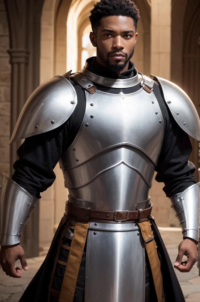 Black man with very clear honey-colored eyes who is a medieval knight of strong build