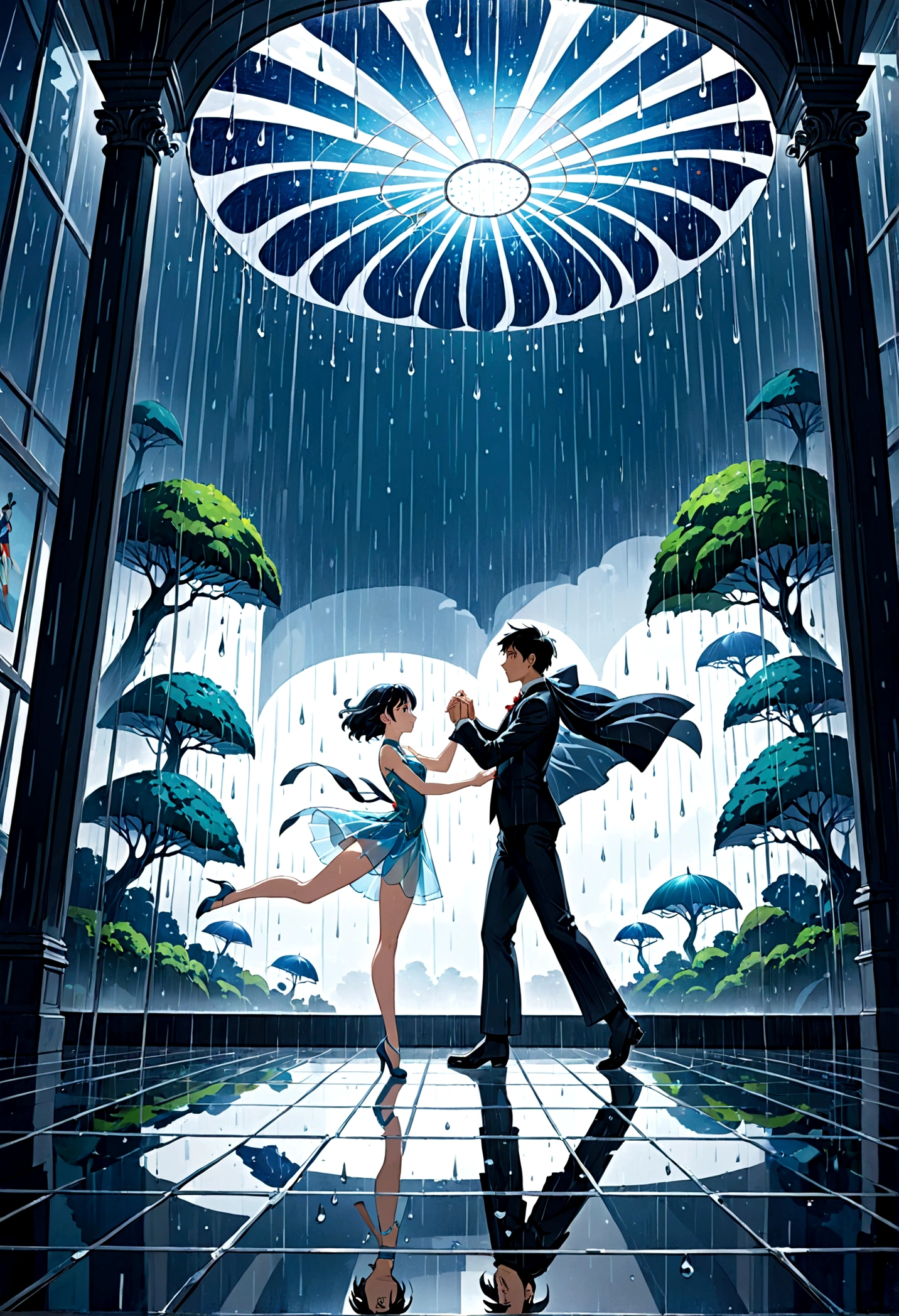 (Ghibli style, Dancing in the Rain), A couple is dancing under the transparent canopy of a modern art gallery. They are dressed in abstract art dance costumes, surrounded by huge abstract art pieces. Raindrops fall on the canopy, forming a unique music hall. The background is a modern art gallery, full body, (anime style illustration), panoramic view, award-winning, cinematic still, emotional, vignette, dynamic, vivid, (masterpiece, best quality, Professional, perfect composition, very aesthetic, absurdres, ultra-detailed, intricate details:1.3)