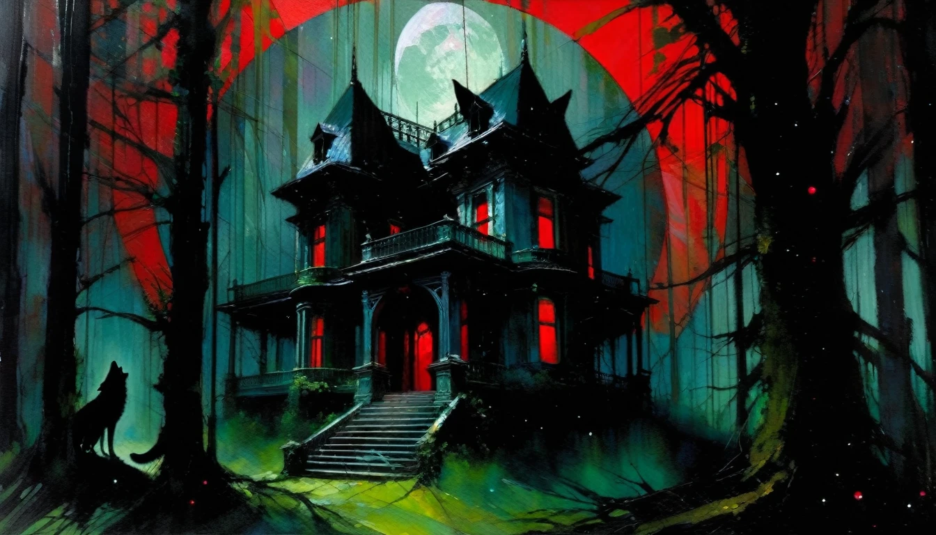 Abandoned mansion in a lush forest, red moon, darkness, shadow play, a dark wolf in scene, stars, (art inspired in Bill Sienkiewicz). oil painting, details of brush strokes that enhance depth)
