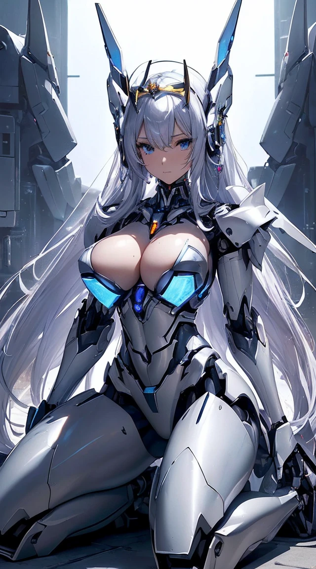 (Sit on one knee on the machine:1.6)、(Full body description:1.3)、((Shining lenses on both breasts:1.3))、((Blue pillars of light are emanating from both chests.:1.3))、smile、((8K)), ((32k)), ((Highest quality)), ((masterpiece)), ((超A high resolution)), ((Tmasterpiece)), ((Halation:1.4))、((Mechaニカルheadgear:1.2))、((Cyber Headphones:1.3))、Fine skin, High quality fabric, Fine metal texture、((Beautiful and dense face))、RAW Photos、Professional, Ultra-fine painting, ((alone)), Beautiful breasts、Highest quality, Very detailed, Very detailed詳細, Finer details, so beautiful, ((Princess Knight Robot:1.2)), (Joints of machines, Mechanical Limbs:1.3), (The internal structure of the machine is exposed:1.3), (Long silver hair:1.1), (Beautiful and huge mechanical breasts)、White Veil, cowboy_shot, Side Focus, headgear, Shiny、(Five Fingers, Four fingers and thumb),Concept Art, Anime fantasy artwork, Detailed fantasy art, (with pale blue-violet hair and large white wings,,,,,,,), (((Long silver hair))), (Mecha:1.6)、Sleek and intimidating design, ((Commander-in-Chief'arm)), (Perfect robot body)、純白と青紫armまたは, Symmetrical wings, 8K high quality, detailed art, 3D rendering of character art in 8K, neat legs, Defined, Defined fingers,