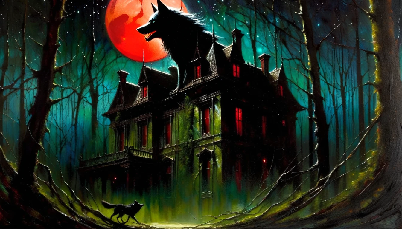 Abandoned mansion in a lush forest, red moon, darkness, shadow play, a dark wolf in scene, stars, (art inspired in Dave mcKean). oil painting, details of brush strokes that enhance depth)
