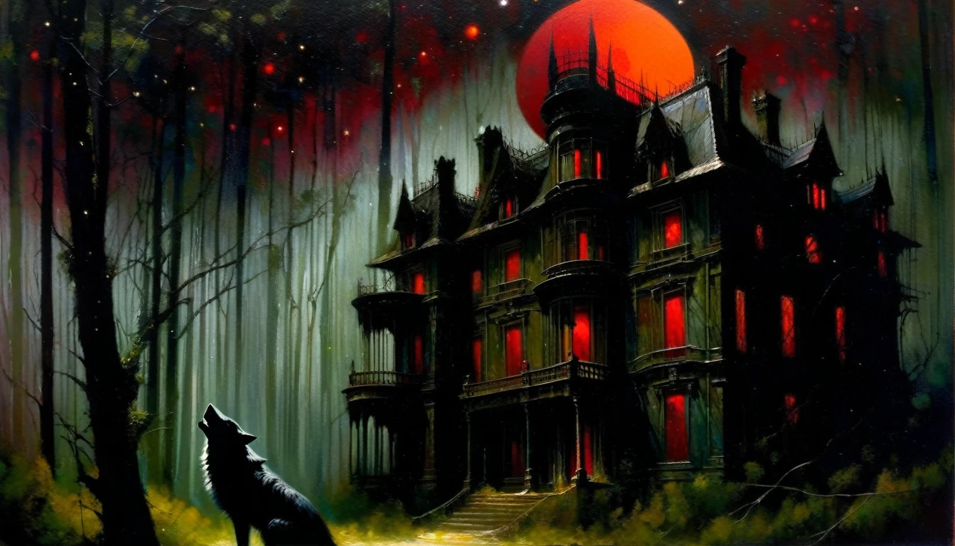 Abandoned mansion in a lush forest, red moon, darkness, shadow play, a dark wolf in scene, stars, (art inspired in Dave mcKean). oil painting, details of brush strokes that enhance depth)
