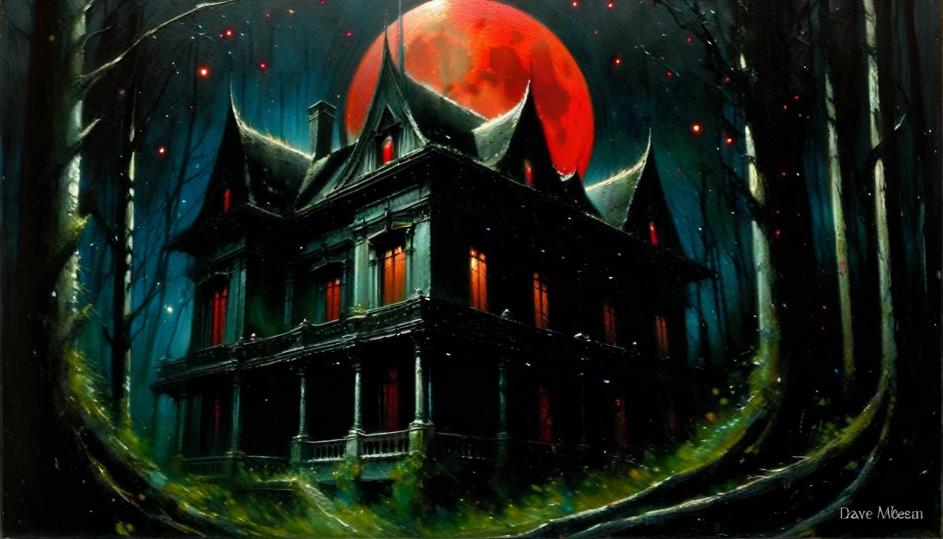 Abandoned mansion in a lush forest, red moon, darkness, shadow play, a dark wolf in scene, stars, (art inspired in Dave mcKean). oil painting, details of brush strokes that enhance depth)