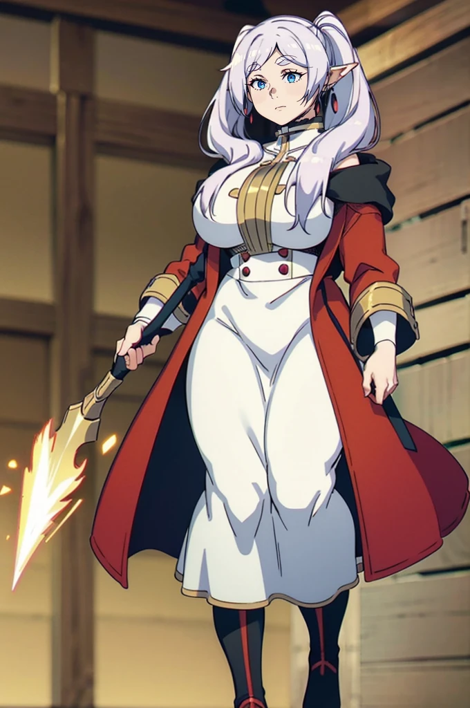 1girl,solo,elf,white hair,grey hair,earrings,pointy ears,long hair,ponytail,green eyes,twintails,parted bangs,thick eyebrows,,, holy magicalgirl, , holy haura, halo, smile, joyfull, paladin, sword holding, full body , boots, standing,cute,breast, curvy, female,fantasy goddess,there is a cartoon picture of a woman with a very large breast, glowing angelic being, glowing holy aura, inspired by Luma Rouge, the non-binary deity of spring, ethereal rainbow nimbus, the butterfly goddess of fire, inspired by Mariel, glowing aura around her, astral fairy, as the goddess of the sun, “uwu the prismatic person, big breast, serious, beautiful eyes, , full body, walking, long robe, long dress, ,priestess ,holy, smile, god rays, ray tracing, sparkle, cinematic lighting, UHD, retina, masterpiece, ccurate, anatomically correct, textured skin, super detail, high details, high quality, award winning, best quality, highres, 1080P, HD, 4K, thunder aura, light aura,full, staff holding, determined, long sleevess, long skirt