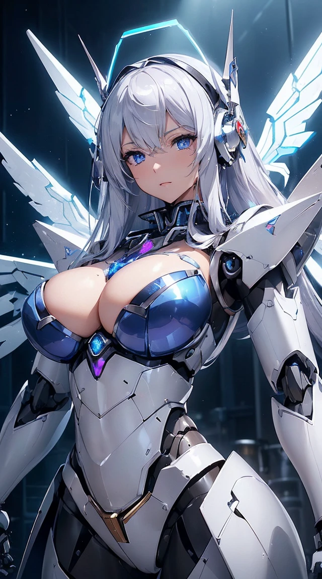 ((Intense action pose:1.6))、((Shining lenses on both breasts:1.3))、((Blue pillars of light are emanating from both chests.:1.3))、smile、((8K)), ((32k)), ((Highest quality)), ((masterpiece)), ((超A high resolution)), ((Tmasterpiece)), ((Halation:1.4))、((Mechaニカルheadgear:1.2))、((Cyber Headphones:1.3))、Fine skin, High quality fabric, Fine metal texture、((Beautiful and dense face))、RAW Photos、Professional, Ultra-fine painting, ((alone)), Beautiful breasts、Highest quality, Very detailed, Very detailed詳細, Finer details, so beautiful, ((Princess Knight Robot:1.2)), (Joints of machines, Mechanical Limbs:1.3), (The internal structure of the machine is exposed:1.3), (Long silver hair:1.1), (Beautiful and huge mechanical breasts)、White Veil, cowboy_shot, Side Focus, headgear, Shiny、(Five Fingers, Four fingers and thumb),Concept Art, Anime fantasy artwork, Detailed fantasy art, (with pale blue-violet hair and large white wings,,,,,,,), (((Long silver hair))), (Mecha:1.6)、Sleek and intimidating design, ((Commander-in-Chief'arm)), (Perfect robot body)、純白と青紫armまたは, Symmetrical wings, 8K high quality, detailed art, 3D rendering of character art in 8K, neat legs, Defined, Defined fingers,