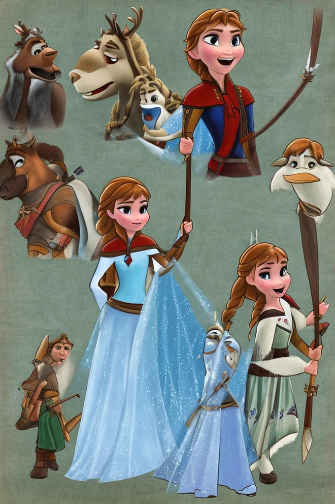 a simple t-shirt drawing of Anna from the movie Frozen wearing a princess costume, Kristoff as a knight with a tunic, helmet and a shield and Sven as a fierce but adorable dragon with scales, wings and a tail