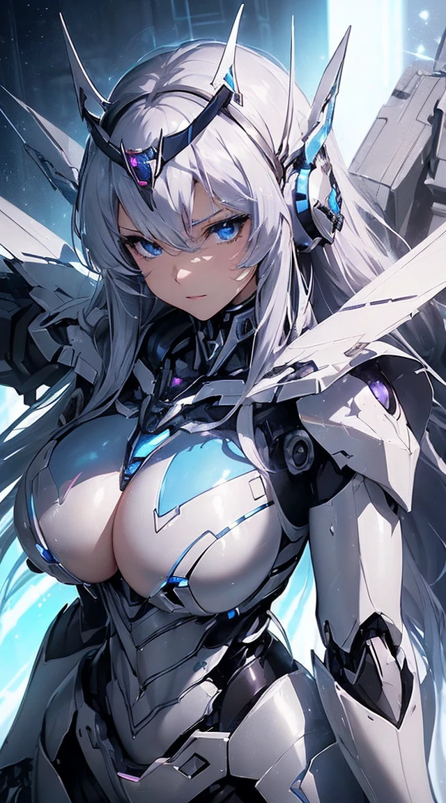 ((Extreme close up:1.6))、(((Lenses shining on both breasts:1.3)))、((A blue pillar of light emanates from both of his chests..:1.3))、break、(((Dynamic pose:1.8)))、smile、((8K)), ((32k)), ((Highest quality)), ((masterpiece)), ((超A high resolution)), ((Tmasterpiece)), ((Halation:1.4))、((Mechaニカルheadgear:1.2))、((Cyber Headphones:1.3))Fine skin, High quality fabric, High-quality metal texture、((Beautiful and dense face))、RAW Photos、Professional, Ultra-fine painting, ((alone)), Beautiful breasts、Highest quality, Very detailed, Very detailed詳細, Finer details, so beautiful, ((Princess Knight Robot:1.2)), (Joint of the machine, Mechanical Limbs:1.3), (The internal structure of the machine is exposed:1.3), (Long silver hair:1.1), (Beautiful and huge mechanical breasts)、White Veil, cowboy_shot, Side Focus, headgear, Shiny、(Five Fingers, Four fingers and thumb),Concept Art, Anime fantasy artwork, Detailed fantasy art, (with pale blue-violet hair and large white wings,,,,,,,,), (((Long silver hair))), (Mecha:1.6)、Sleek and intimidating design, ((Commander-in-Chief'arm)), (Perfect robot body)、純白と青紫のarmまたは, Symmetrical wings, 8K High Resolution, Detailed Art, 3D rendering of character art in 8K, neat legs, Defined, Defined fingers,((headshot:1.3))