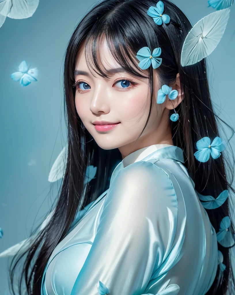 (Highest quality, 32k, High resolution, Masterpiece:1.5), marimo_jet, god々A photograph with brilliant dazzling and healing power., Evoking a sense of calm and elusive beauty, Expressing emotions, Have a rich imagination, Beautiful Japanese Girls, An exceptionally beautiful face, Small Face Beauty, , Perfect Human Anatomy, Magical big eyes, Motherhood and generosity, Deep Love, fleeting smile, Shiny black hair, Super Long Straight Silk Hair, Asymmetrical bangs, Hair between the eyes, Transparent, soft white skin, Sharp eyebrows, Thin lashes, Natural Makeup, Cheek highlighter, Red kimono, Slim figure with ample breasts, ((Light blue petals flutter:1.5)), Beautiful detailed blue sky, Professional photographer, Professional Lighting, Professional models, god秘的