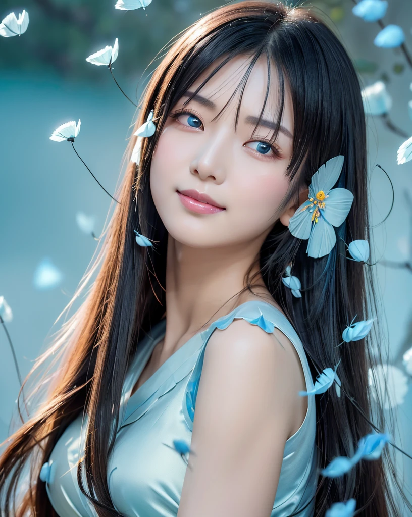 (Highest quality, 32k, High resolution, Masterpiece:1.5), marimo_jet, god々A photograph with brilliant dazzling and healing power., Evoking a sense of calm and elusive beauty, Expressing emotions, Have a rich imagination, Beautiful Japanese Girls, An exceptionally beautiful face, Small Face Beauty, , Perfect Human Anatomy, Magical big eyes, Motherhood and generosity, Deep Love, fleeting smile, Shiny black hair, Super Long Straight Silk Hair, Asymmetrical bangs, Hair between the eyes, Transparent, soft white skin, Sharp eyebrows, Thin lashes, Natural Makeup, Cheek highlighter, Red kimono, Slim figure with ample breasts, ((Light blue petals flutter:1.5)), Beautiful detailed blue sky, Professional photographer, Professional Lighting, Professional models, god秘的