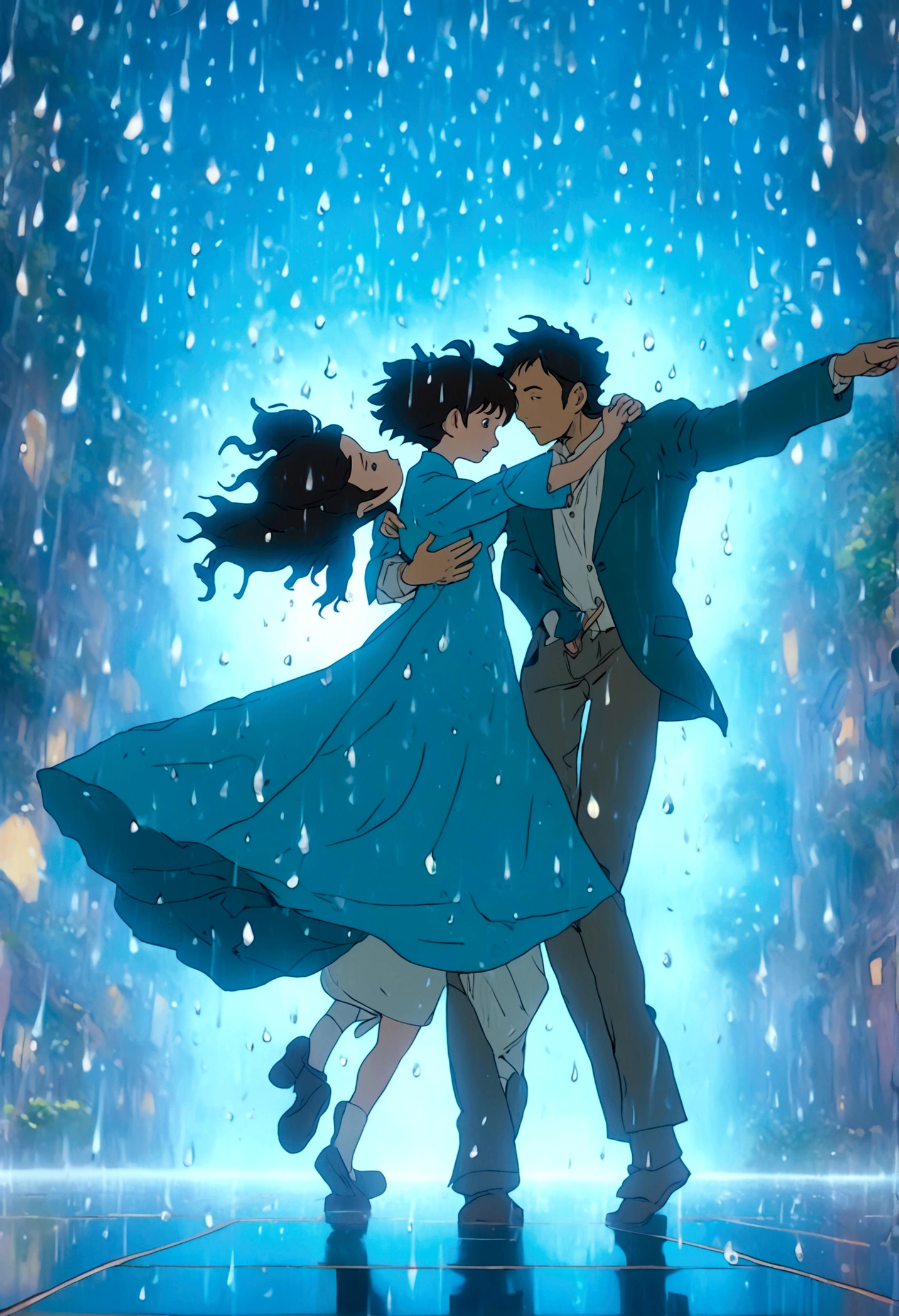 (Ghibli style, Dancing in the Rain), A couple is dancing under the transparent canopy of a modern art gallery. They are dressed in abstract art dance costumes, surrounded by huge abstract art pieces. Raindrops fall on the canopy, forming a unique music hall. The background is a modern art gallery, full body, (anime style illustration), panoramic view, award-winning, cinematic still, emotional, vignette, dynamic, vivid, (masterpiece, best quality, Professional, perfect composition, very aesthetic, absurdres, ultra-detailed, intricate details:1.3)