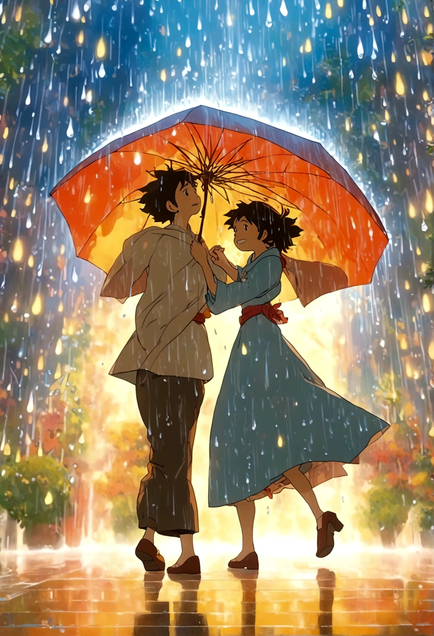 (Ghibli style, Dancing in the Rain), A couple is dancing under the transparent canopy of a modern art gallery. They are dressed in abstract art dance costumes, surrounded by huge abstract art pieces. Raindrops fall on the canopy, forming a unique music hall. The background is a modern art gallery, full body, (anime style illustration), panoramic view, award-winning, cinematic still, emotional, vignette, dynamic, vivid, (masterpiece, best quality, Professional, perfect composition, very aesthetic, absurdres, ultra-detailed, intricate details:1.3)