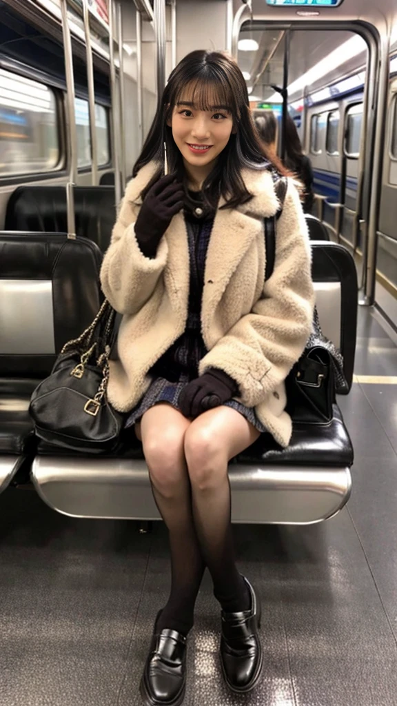 A full-body photo of a mature Japanese gal high school girl with flashy hair wearing a cute fur coat with leather shoes and shiny, thin, short black leather gloves,sitting cross-legged,Five fingers,Inside the train,Voyeur,Heavy makeup face eyeshadow,mascara,cross the her legs,Ultra-detailed face, open eyes,((Legs crossed)).Smelly ankle-length black socks, Ultra Mini Skirt,She looks at the photographer with an inviting expression.,School Bags,This photo was taken in daylight with soft lighting..、sitting in a subway train seat.。. This photo was taken by someone on their cell phone..、Apparently it was posted on Snapchat.。.