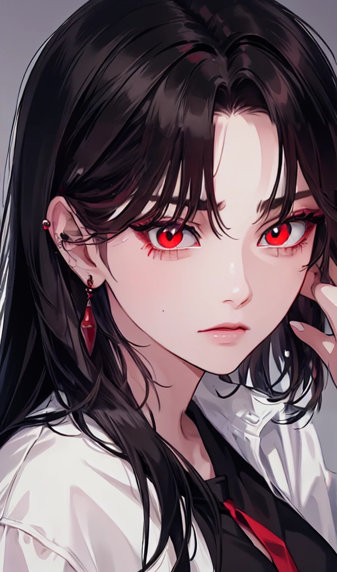 1girl, portrait, earrings, solo,lips, female focus, red eyes, looking at viewer, black hair, long hair, closed mouth, Cigarette