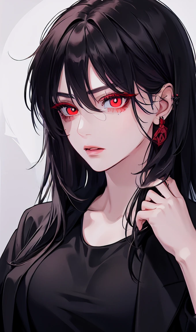 1girl, portrait, earrings, solo,lips, female focus, red eyes, looking at viewer, black hair, long hair, closed mouth, Cigarette