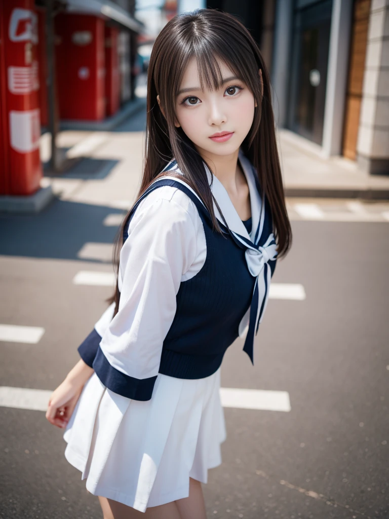 Model is facing right, In the angle from below, a high school girl wearing a sailor uniform is walking with her legs wide open, upskirt angle, white panty, 1girl, beautiful detailed eyes, beautifully detailed lips, an extremely detailed eyes and face, long eyelashes, uniform, Japanese, kawaii, a young and sexy gravure idol model, surreal, realistic, photorealistic, 8k, high res, masterpiece, ultra-detailed, natural lighting, vivid colors, high school girl posing, wearing Japanese, Japanese girl, a surreal, cute high school girl, surreal, Japanese model, young and sexy gravure idol