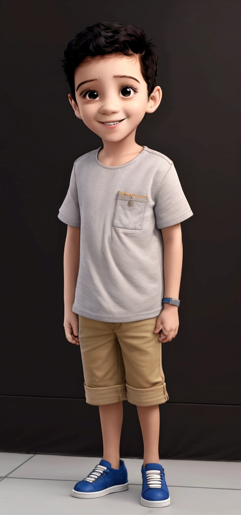 Treatment, solo boy in casual outfit school background, boy standing looking at camera and smiling, wall with alphabet