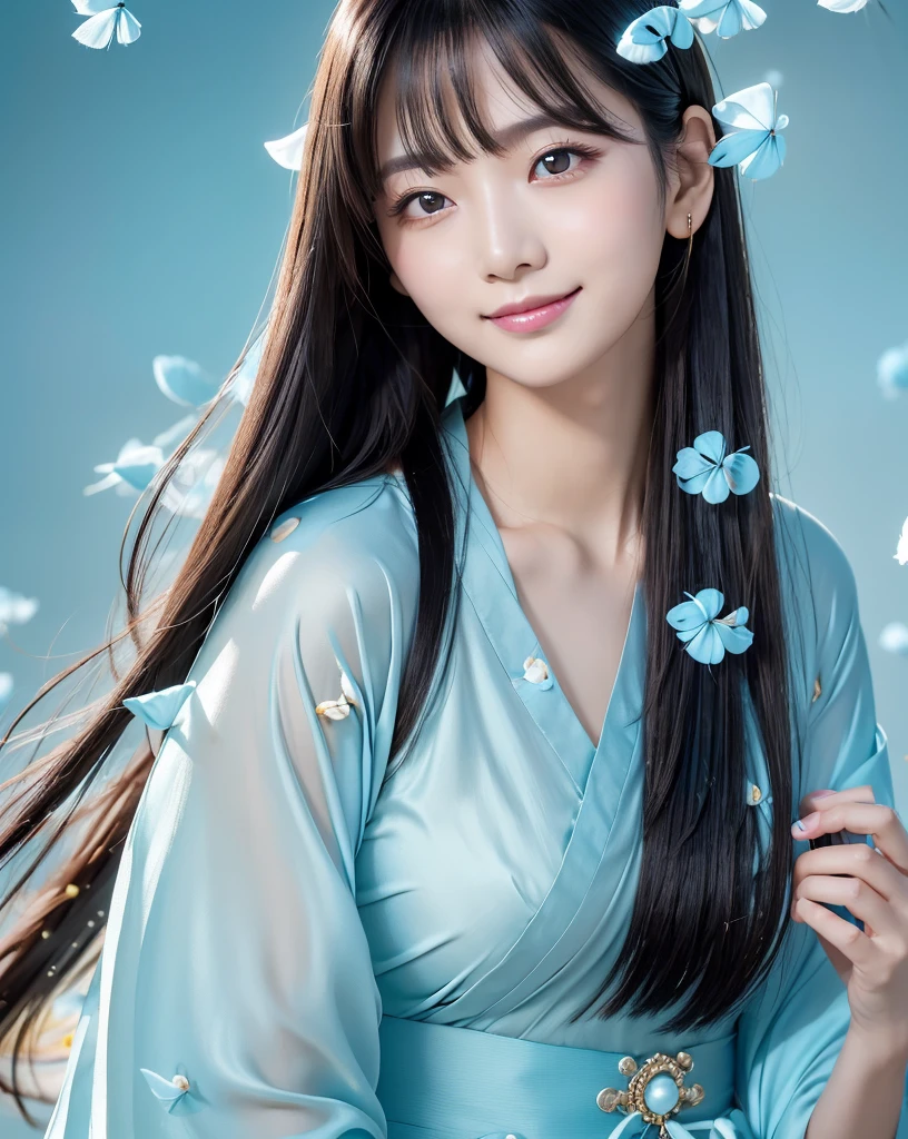 (Highest quality, 32k, High resolution, Masterpiece:1.5), marimo_jet, god々A photograph with brilliant dazzling and healing power., Evoking a sense of calm and elusive beauty, Expressing emotions, Have a rich imagination, Beautiful Japanese Girls, An exceptionally beautiful face, Small Face Beauty, , Perfect Human Anatomy, Magical big eyes, Motherhood and generosity, Deep Love, fleeting smile, Shiny black hair, Super Long Straight Silk Hair, Asymmetrical bangs, Hair between the eyes, Transparent, soft white skin, Sharp eyebrows, Thin lashes, Natural Makeup, Cheek highlighter, Red kimono, Slim figure with ample breasts, ((Light blue petals flutter:1.5)), Beautiful detailed blue sky, Professional photographer, Professional Lighting, Professional models, god秘的