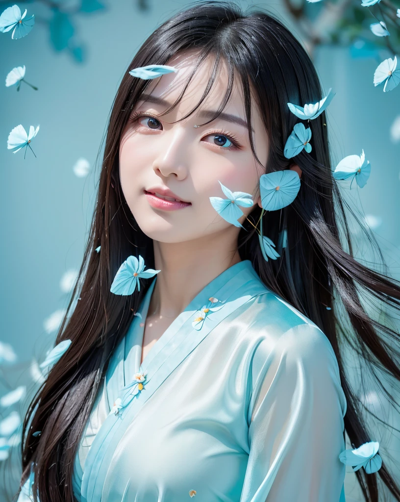 (Highest quality, 32k, High resolution, Masterpiece:1.5), marimo_jet, god々A photograph with brilliant dazzling and healing power., Evoking a sense of calm and elusive beauty, Expressing emotions, Have a rich imagination, Beautiful Japanese Girls, An exceptionally beautiful face, Small Face Beauty, , Perfect Human Anatomy, Magical big eyes, Motherhood and generosity, Deep Love, fleeting smile, Shiny black hair, Super Long Straight Silk Hair, Asymmetrical bangs, Hair between the eyes, Transparent, soft white skin, Sharp eyebrows, Thin lashes, Natural Makeup, Cheek highlighter, Red kimono, Slim figure with ample breasts, ((Light blue petals flutter:1.5)), Beautiful detailed blue sky, Professional photographer, Professional Lighting, Professional models, god秘的