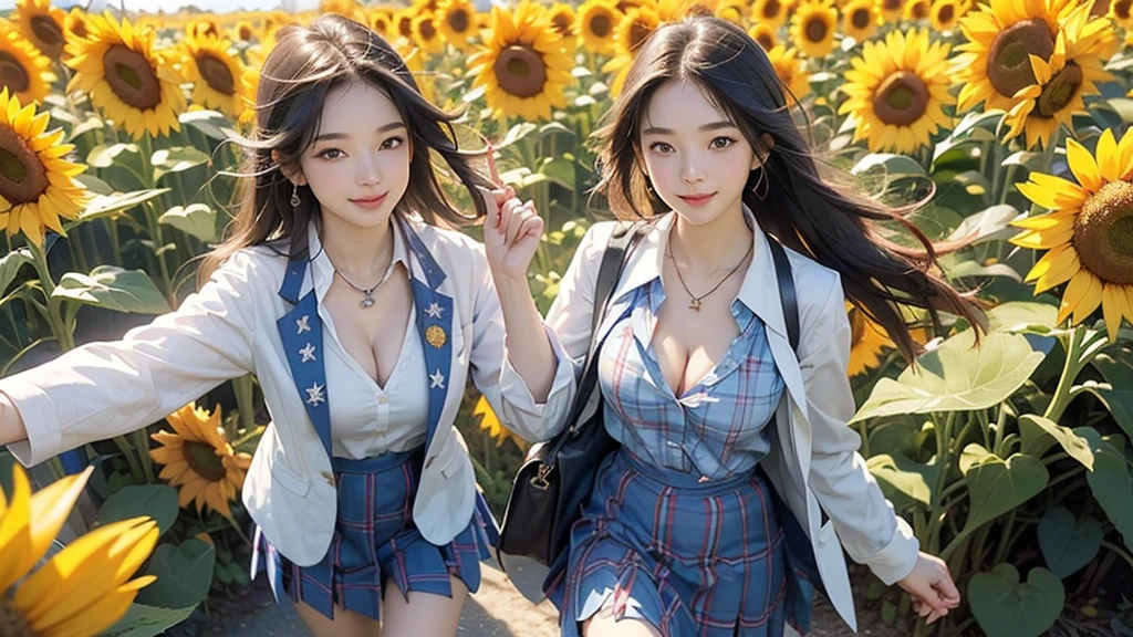 8K、RAW Photos、Highest quality、Super detailed、Super Resolution、Ultra HD、8K壁紙、Amazing details American blazer uniform girl ((White blouse with formal collar, Blue blazer, Blue plaid skirt, Red checkered ribbon on blouse)), Complete limbs, Full Finger, A large sunflower field in the countryside、Straight road、Walk through the sunflower field,smile、sun、School bag、Heart Necklace (Emphasize cleavage) (((Full body photo))) ((Blue sky))