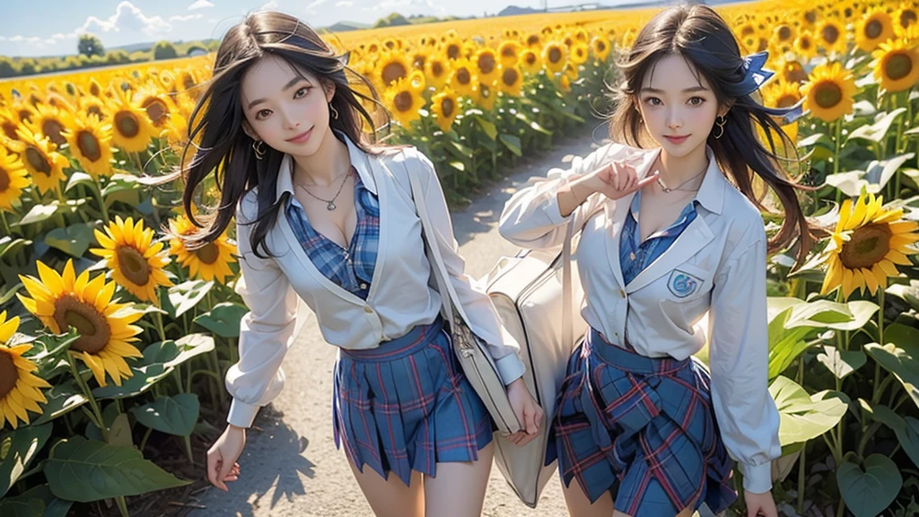 8K、RAW Photos、Highest quality、Super detailed、Super Resolution、Ultra HD、8K壁紙、Amazing details American blazer uniform girl ((White blouse with formal collar, Blue blazer, Blue plaid skirt, Red checkered ribbon on blouse)), Complete limbs, Full Finger, A large sunflower field in the countryside、Straight road、Walk through the sunflower field,smile、sun、School bag、Heart Necklace (Emphasize cleavage) (((Full body photo))) ((Blue sky))