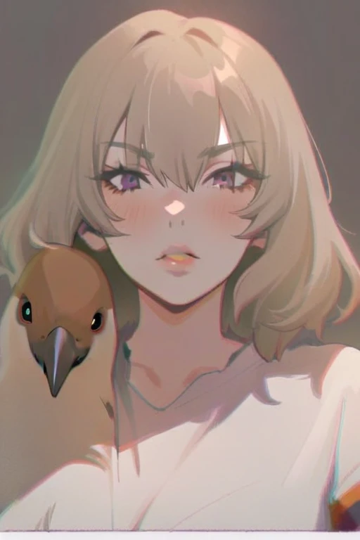 {{{sincos (sincos), Kuvshinov ilya (Kuvshinov ilya), no human}}}, 1 girl, 1 bird, short hair, purple, lips slightly parted, looking at viewer, beautiful face, bird sitting on shoulder, blank background, white background.