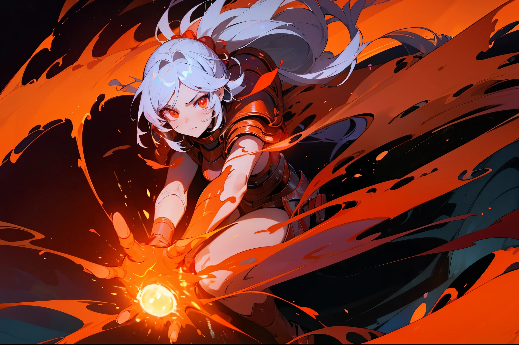 woman, A warrior in lava armor, flames coming out of his hands and glowing red eyes, olhos grandes e brilhantes, Irises with multiple colors or gradients, Eyes with shine or reflections. The background is an active volcano with rivers of lava around it.