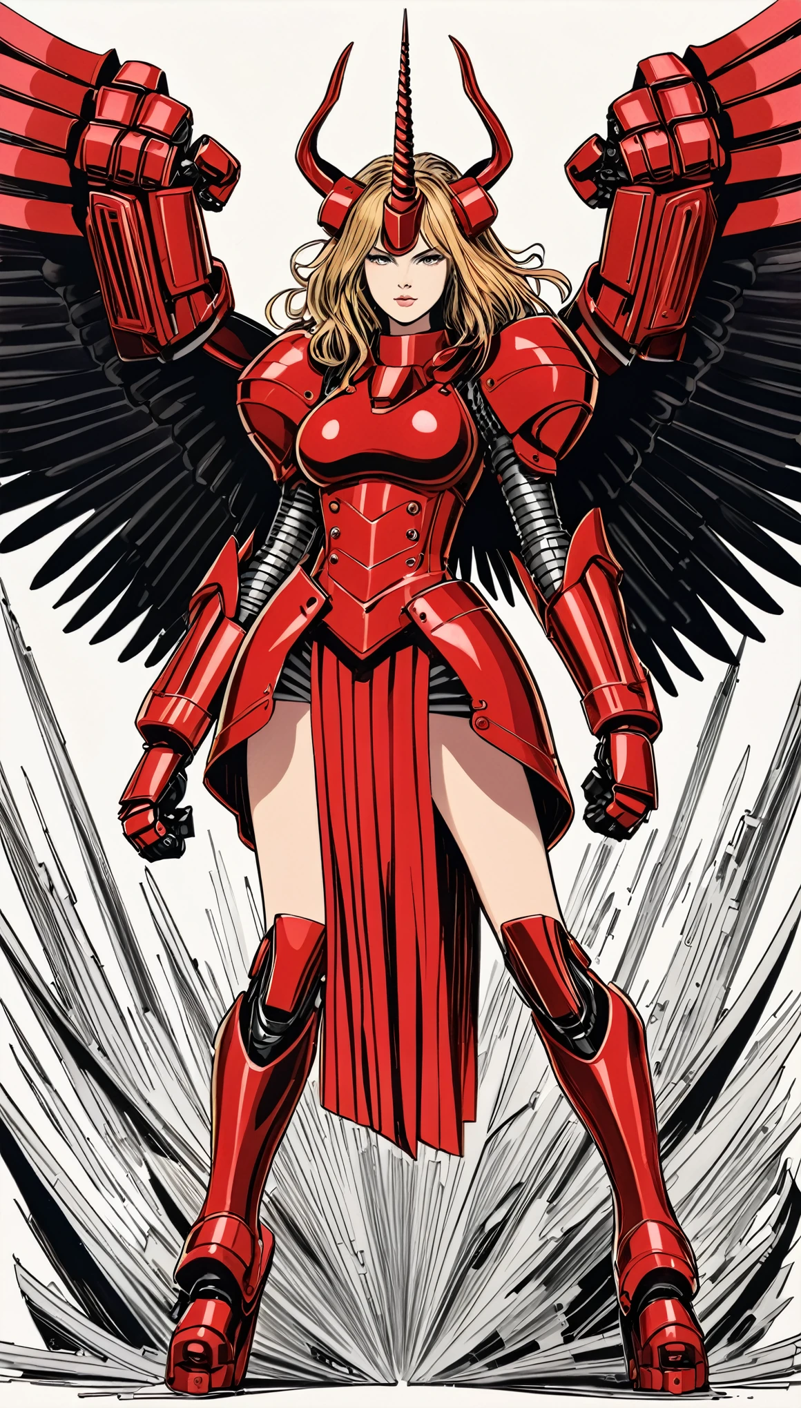 unicorn horn,metal spiral sharp corners,in style of Raymond Pettibon,in style of Santiago Caruso ,
huge mechanical angel wings,mechanical_halo,1 girl,mechanical wrist,mechanical skirt with pleated skirt,(huge makeover mechanical fists:1.5),
the fist flashed red,(bold,smooth,elegant,curvaceoous,precise:1.2)