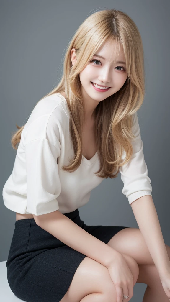 Highest quality, shape, Very detailed, finely, High resolution, 8k wallpaper, mini skirt,TOKI LABO sign,whole body ,Beautiful and beautiful eyes,one piece, Blonde,Sexy look,Natural color lip, Random sexy poses,smile,Beautiful teeth,20-year-old girl,Random background