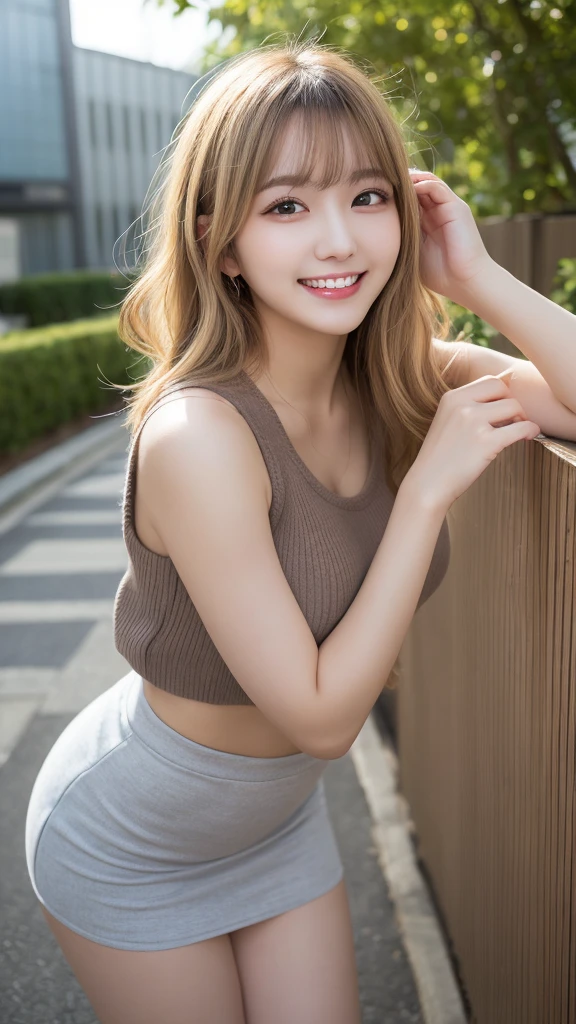 Highest quality, shape, Very detailed, finely, High resolution, 8k wallpaper, mini skirt,TOKI LABO sign,whole body ,Beautiful and beautiful eyes,one piece, Blonde,Sexy look,Natural color lip, Random sexy poses,smile,Beautiful teeth,20-year-old girl,Random background