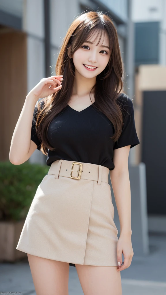 Highest quality, shape, Very detailed, finely, High resolution, 8k wallpaper, mini skirt,TOKI LABO sign,whole body ,Beautiful and beautiful eyes,one piece, Blonde,Sexy look,Natural color lip, Random sexy poses,smile,Beautiful teeth,20-year-old girl,Random background