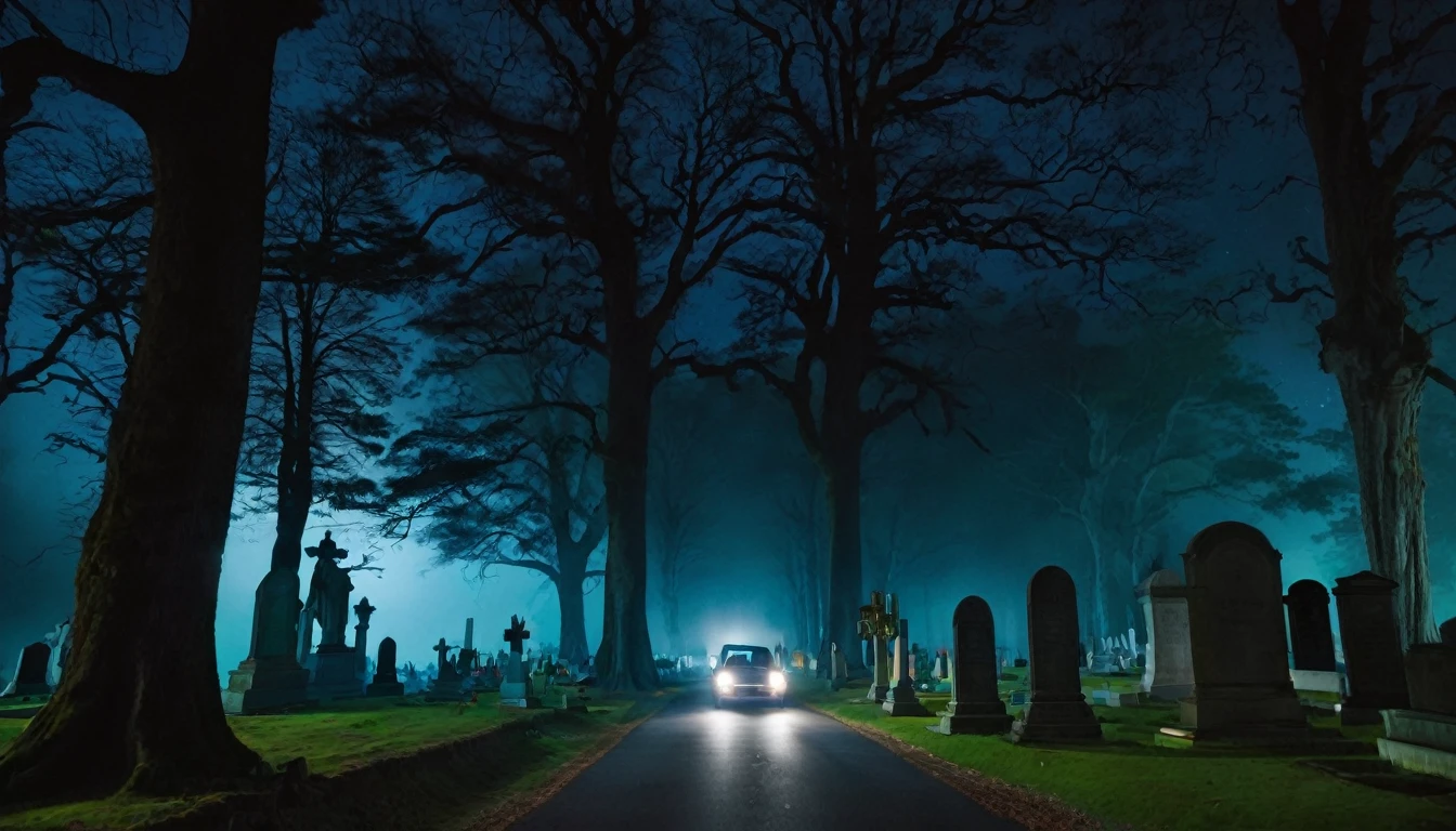 A family car passing through a spooky place full of big trees and a cemetery at night