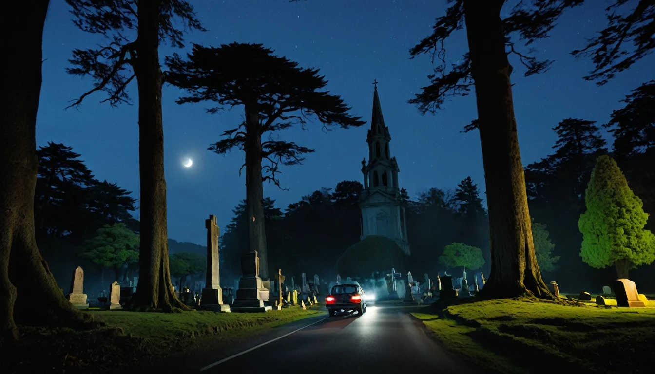 A family car passing through a spooky place full of big trees and a cemetery at night