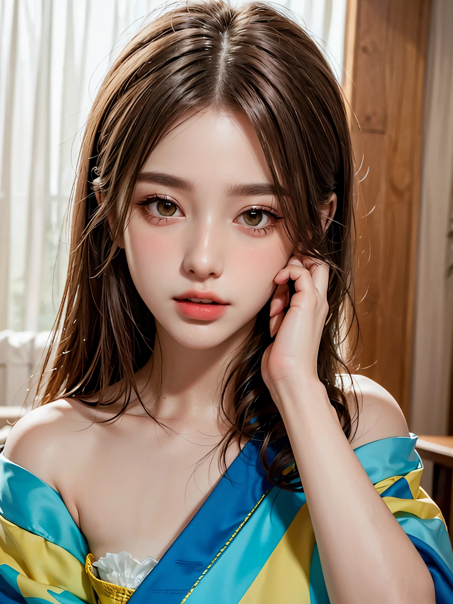 masterpiece, best quality, extremely detailed CG unity 8k wallpaper, A detailed and highly detailed vermilion kimono、lips, Open_mouth, Realistic, photograph_\(Moderate\), alone, (masterpiece),(photographRealistic:1.3), Very detailed, (Skin with attention to detail:1.2),(Highest quality:1.0), (Ultra-high resolution:1.0), Wavy thin hair, Long Hair,  (Beautiful and detailed makeup), (Sexually excited、Blushing、breathing becomes rough:1.0), In a bamboo forest with many strips of paper in the background。