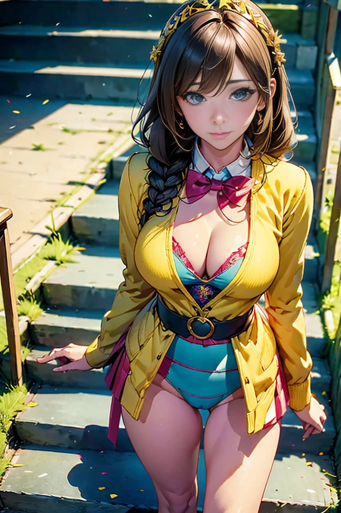 best quality, official art, masterpiece, textile shading, HDR, very detailed, colorful, best details, fantasy, suit, Yui Takamura:1.5, 1 female, 25 years old, best quality, official art, masterpiece, textile shading, HDR, very detailed, colorful, best details, fantasy, battle suit,1 female, 25 years old, standing on stairs, a castle town with an old castle view, sunny, braided crown, big breast, skinny, Surrounded by a large crowd:1.9, Confetti flutters, Blessed, Being welcomed:1.5, cameltoe:1.3, ground level shot: