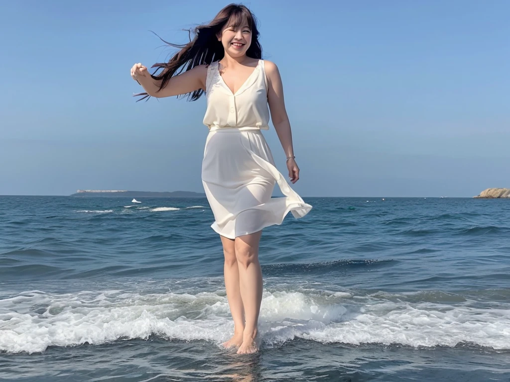 Became., Beautiful 46-year-old short Korean woman, Chest size 34 inches, Wear sleeveless, white light skirt. beautiful pretty woman look , wearing a light skirt , Go far into the sea water and dip your toes., Short medium hair blowing in the wind, 1 short woman, beautiful eyes, a little smile, Full-body photo taken from afar with a wide-angle lens, The background is clean and perfect., waves moved by the wind, best high definition