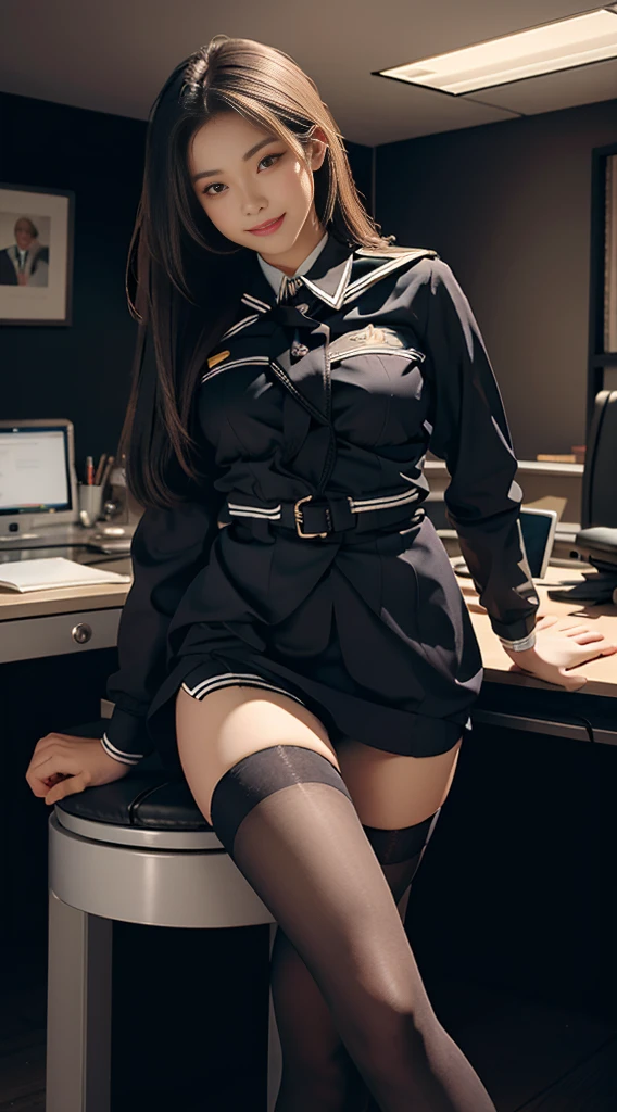 Best Quality, Full Body Portrait, Cinematic Texture Shot, Exquisite Face, Beautiful Face, 20 Year Old Woman, Smiling, Slim Figure, Small Bust, OL Uniform, Office Wear, Black Stockings, Interior Scene, Office, Seated