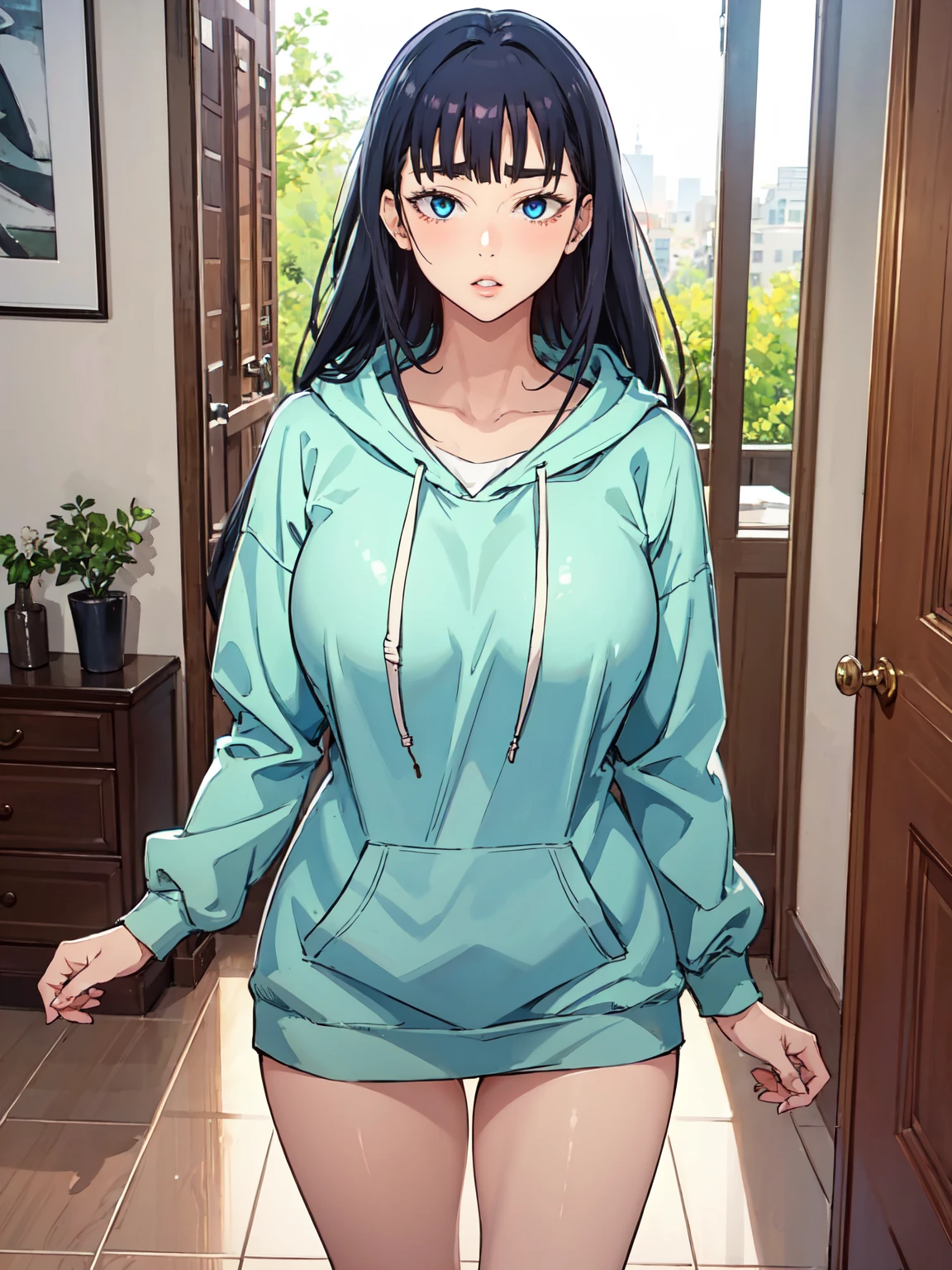 JooRidef, black hair, long hair, blue eyes, large breasts, 
1girl, solo, looking at viewer,Large hoodie, no pants
masterpiece, best quality, standing up, 4k, ultra hd, masterpiece, wallpaper, 26 year old woman, mature woman, perfect image, ultra sharp image, lips seperated, 3/4 body image, indoors, close up, long sleeve, looking all the way up at viewer