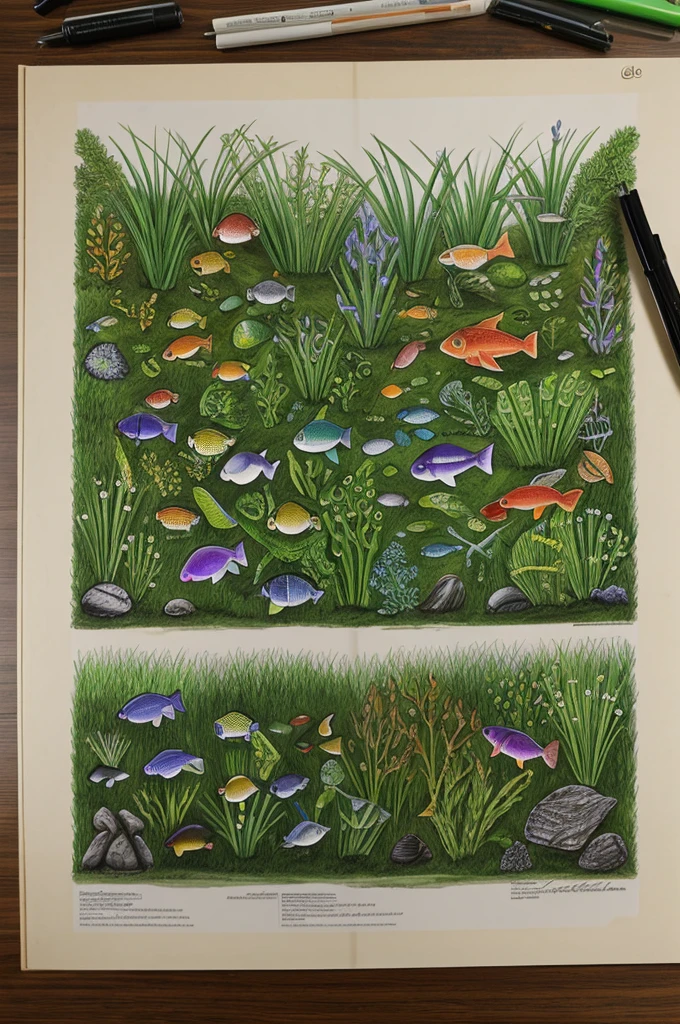 Competition between different species of microscopic algae for nutrients and light in an aquatic ecosystem. drawing