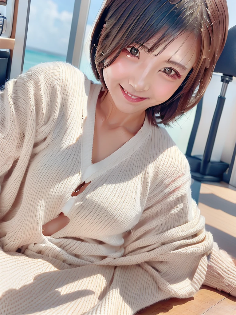 Cute Girls Milk tea beige short hair upper body smile bright
