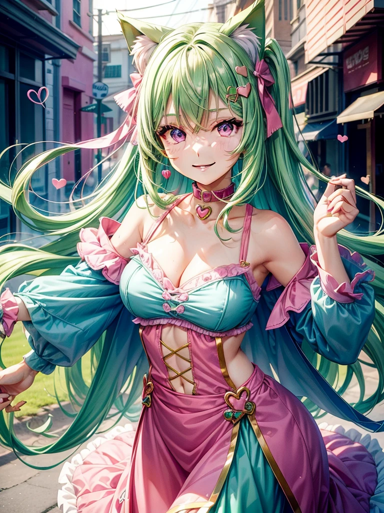 (( Pink green hair color)), pink eyes, woman, teal blue gold clothes,happy face, sexy outfit, cat ears, hearts, floating hearts, face only, long hair, smiling, hair ornament, up close face, sexy clothes, sexy women , closed mouth smile, up close face, hair bows l