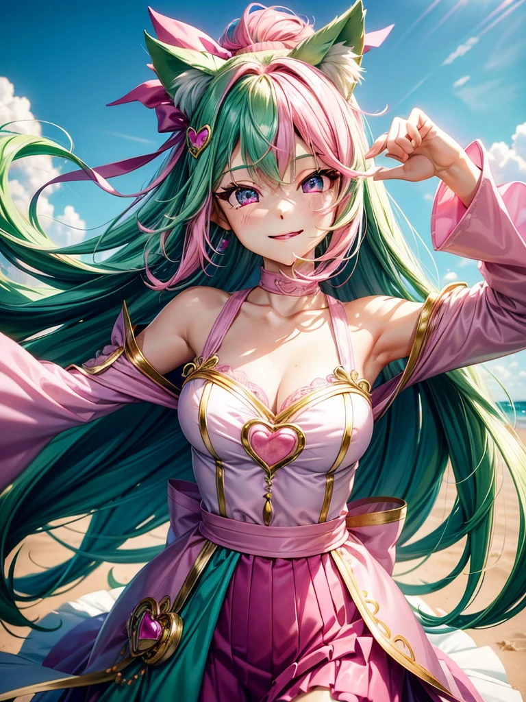 (( Pink green hair color)), pink eyes, woman, teal blue gold clothes,happy face, sexy outfit, cat ears, hearts, floating hearts, face only,  long hair, smiling, hair ornament, up close face,  sexy clothes, sexy women , closed mouth smile, up close face, hair bows l