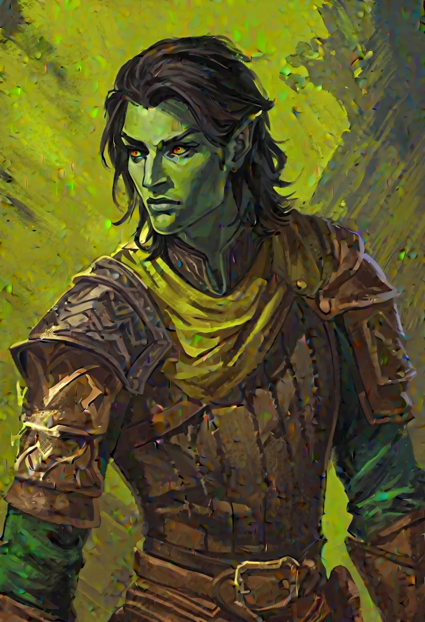 digitalpainting, pictorial \(styled\), male rogue from the Elder Scrolls series, trunk, windows background, short dark hair, gold eyes, Light green skin, brown leather armor, without shoulder pad, Dynamic shading, expressive brushstrokes, oil on canvas, extremely detaild, light and dark colors