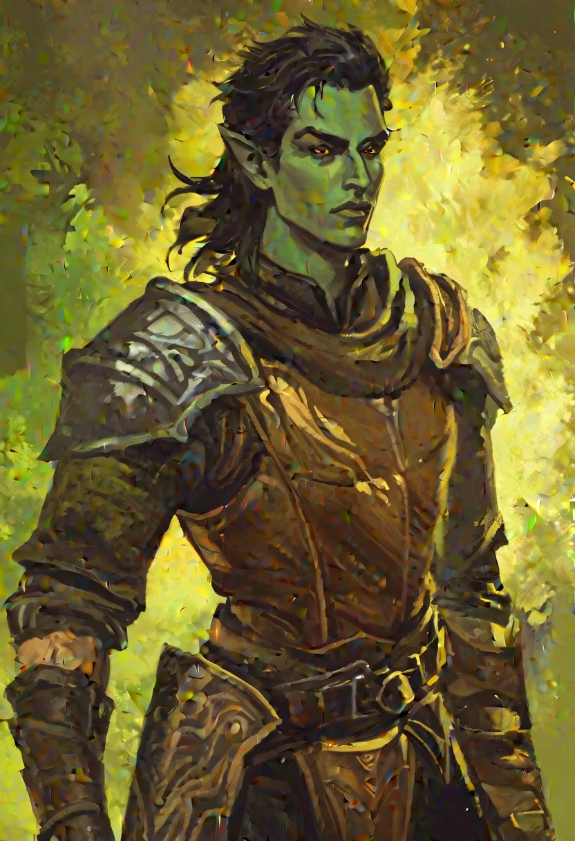 digitalpainting, pictorial \(styled\), male rogue from the Elder Scrolls series, trunk, windows background, short dark hair, gold eyes, Light green skin, brown leather armor, without shoulder pad, Dynamic shading, expressive brushstrokes, oil on canvas, extremely detaild, light and dark colors
 